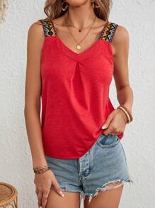 SHEIN VCAY Vacation Women's Geometric Woven Strap Black Tank Top