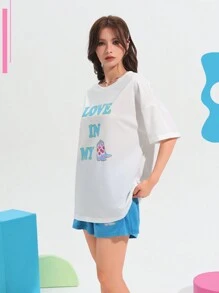 Letter Graphic Drop Shoulder Tee & Shorts PJ Set / Pajama Set - Multicolor - View 7