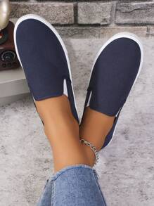 女性休閒海軍藍戶外運動鞋，春秋圓頭拼接帆布運動休閒鞋 - 藏蓝色 - 查看 4