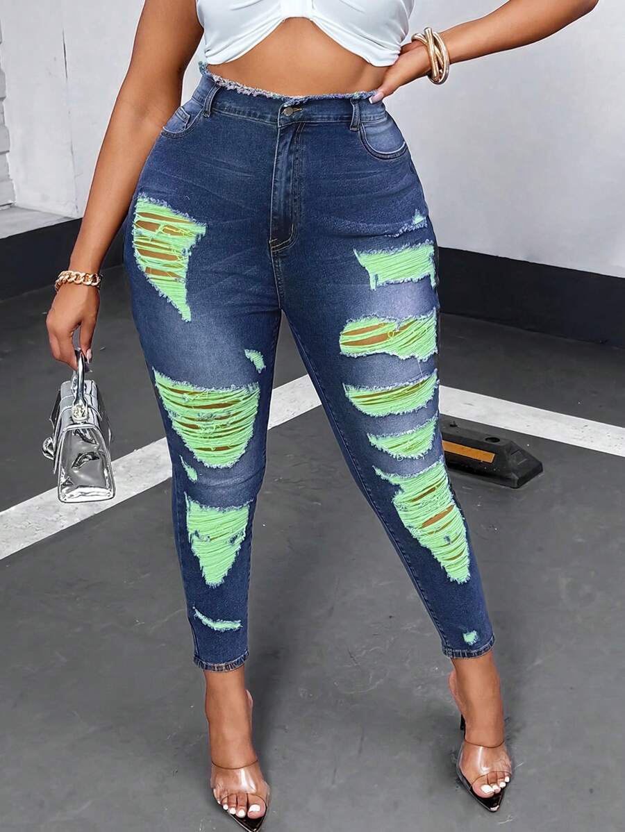 SHEIN SXY Quần Jean Skinny Co Giãn Gợi Cảm Plus Size Với Sợi Màu Và Lỗ Đau Khổ - Nhiều màu - Xem 1