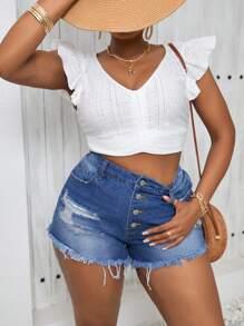 SHEIN VCAY Plus Size Sexy Distressed Denim Shorts For Casual Vacation, Blue - Light Wash - View 4
