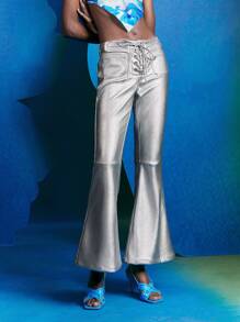 Alice McCall 设计师款女式系带喇叭腿 PU 皮裤，适合夏季、假日、节日 - 銀色 - 查看 4