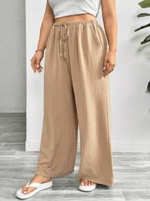 SHEIN Essnce Pantalones anchos de verano color caqui con cintura elástica cómoda y suelta para mujer de talla grande, ropa de mujer de verano, pantalones frescos para mujeres, fondos para mujeres - Caqui - Ver 6