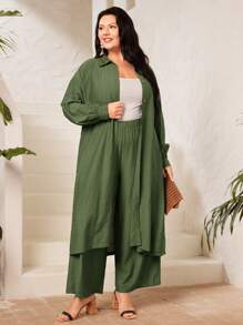 Mulvari Plus Solid Button Front Shirt & Pants - Army Green - View 7