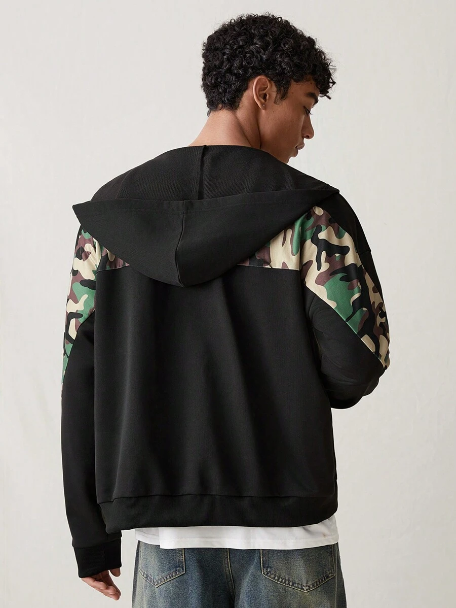 Manfinity VCAY Men's Fashion Casual Loose Hooded Sweatshirt, Through The Back Camouflage Patchwork Design, Fashion, Suitable For Daily And Back To School Wear And Young People., For Fall Winter