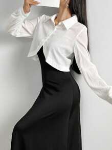 Mulvari Solid Button Front Shirt & Skirt For Dailywear - Black and White - View 5
