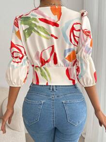 Chiquease Graphic Print Knot Front Crop Blouse For Summer - Multicolor - View 2