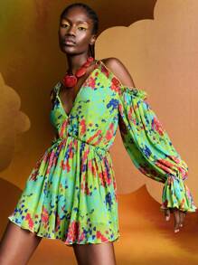 Alice McCall Designer Boho Bohemian Tie Dye Cold Shoulder Flounce Sleeve Romper, For Holiday, Vacation, Spring, Beach, Festival, Ibiza Fits - Multicolor - View 2