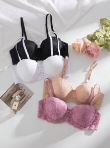 DesireSculpt 4 件女士性感蕾丝半杯文胸套装，多种颜色可选内衣 - 彩色 - 查看 3