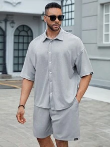 Manfinity Homme 男士字母圖形下垂肩襯衫和短褲 - 淺灰色 - 查看 3