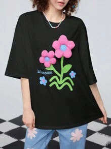 SHEINNeu Damska koszulka letnia o luźnym kroju, z okrągłym dekoltem, rękawami z opadającymi ramionami i dekoracją kwiatową 3D