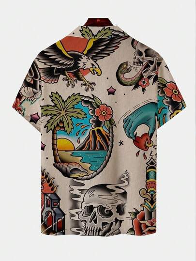NEOREFINED Men's Leopard Skull And Beach Vacation Printed Short Sleeve Shirt , Baggy Button Up Graphic Daddy Colorful Khaki Art Dad Me, Men Cartoon Shirt, Animal Kingdom Shirt Men, Men Vacation Shirts, Graphic Animal Shirts Men, Holiday