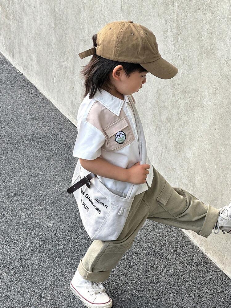 2pcs Baby Boys Cool 2 In 1 Shirt With Short Sleeves And Versatile Cargo Style Long Pants