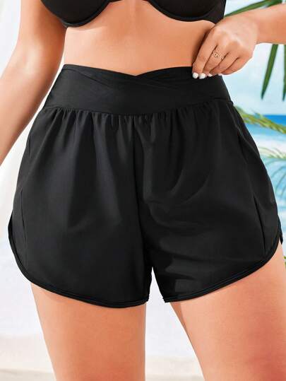 Swim Vcay 大码纯色不对称腰部短裤比基尼泳裤夏季