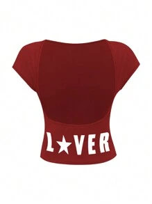 INAWLY Women's Summer Short Sleeve T-Shirt With Letter & Pentagram Print, Open Back Design - Red - View 3