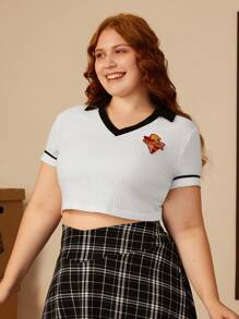 HARRY POTTER X SHEIN Plus Size Gryffindor Casual Retro College Summer White/Black Color Block Lion Embroidered Short Sleeve Textured V-Neck T-Shirt