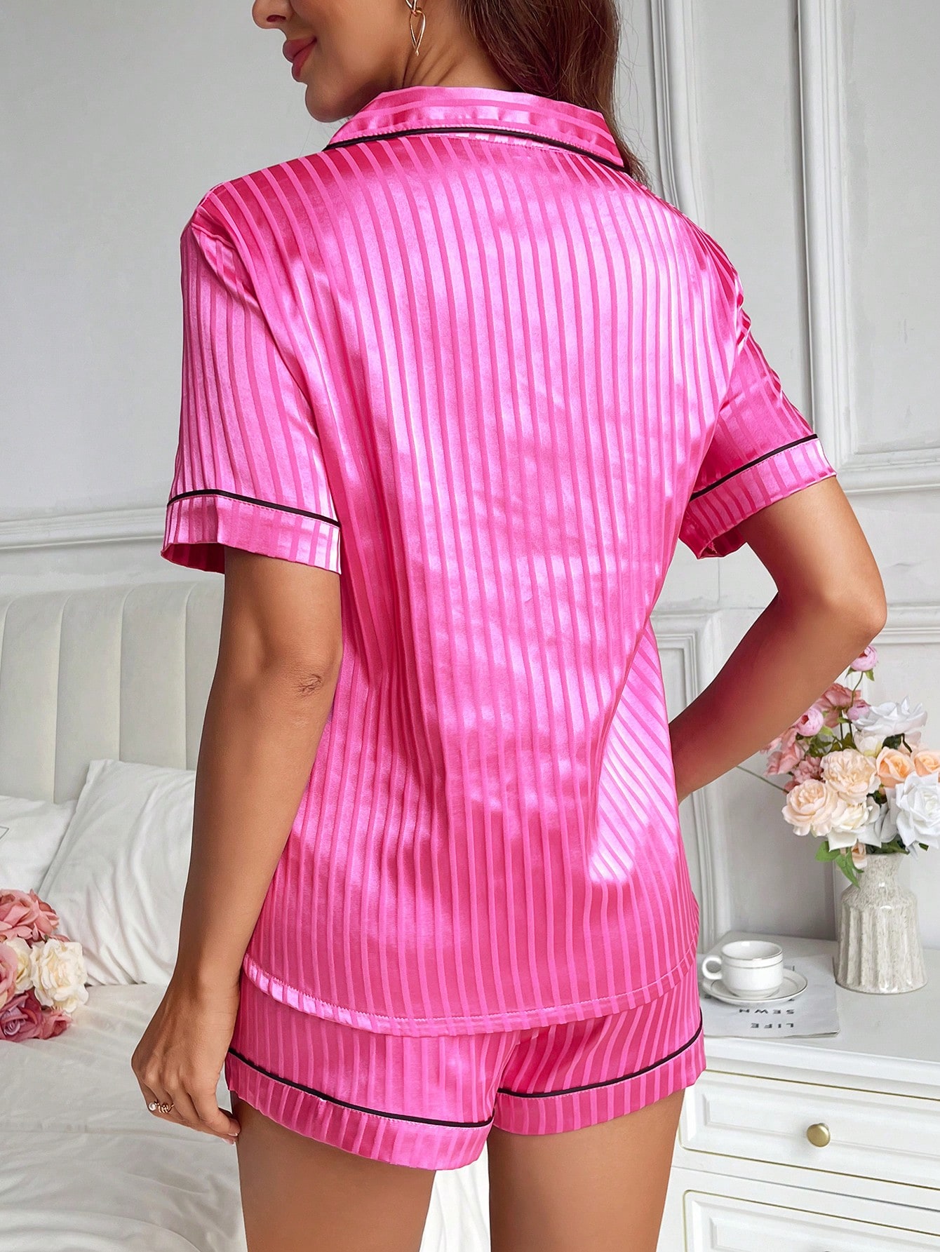 Ladies' Collar-Up Button Front Short Sleeve Casual Top And Shorts Pajama Set, Vacation