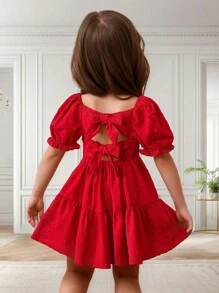 Young Girl Casual Short-Sleeved Woven Solid Color Square Neckline Dress For Daily Wear