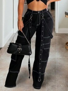 Pantalones casuales de mujer tipo utility con parches y cordón con ojetes