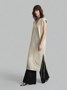 Ontre Women Deep V-Neck Loose Side Slit Tied Waist Midi Dress,Office Lady Working Dress,Fall Season - Khaki - View 4