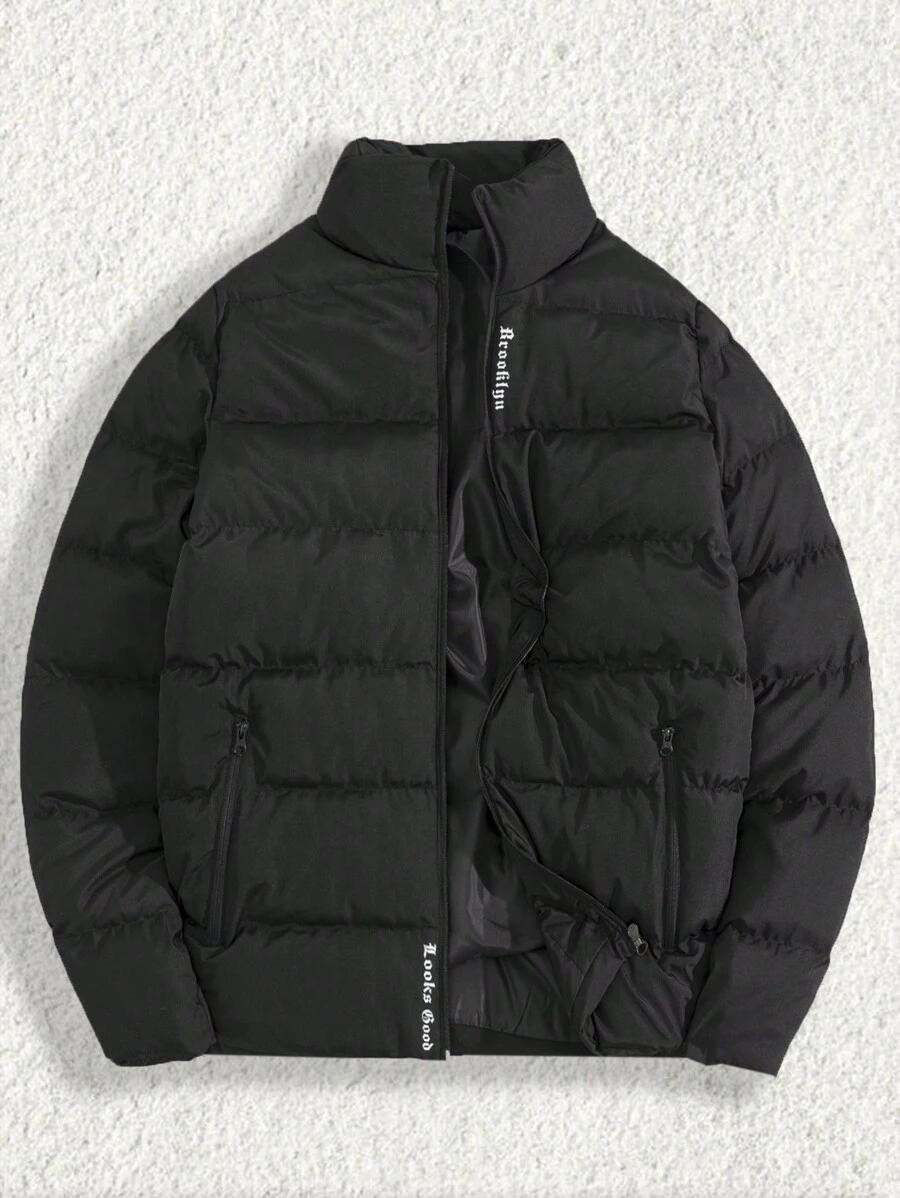 SHEIN Cottnline Men Letter Printed Regular Puffer Coat - Black - View 1