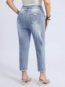 Vaqueros de talla grande para mujer con pierna recta y detalles desgastados con bolsillos - Lavado ligero - Ver 2