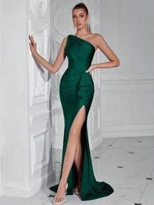 ADYCE 1pc Women's Solid Color One Shoulder Ruffle Hem Split Hem Skirt Dress, Party Cocktail Dress - Dark Green - View 5