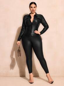 SHEIN SXY Plus Button Front PU Leather Shirt For Summer Button Up Shirt - Black - View 6