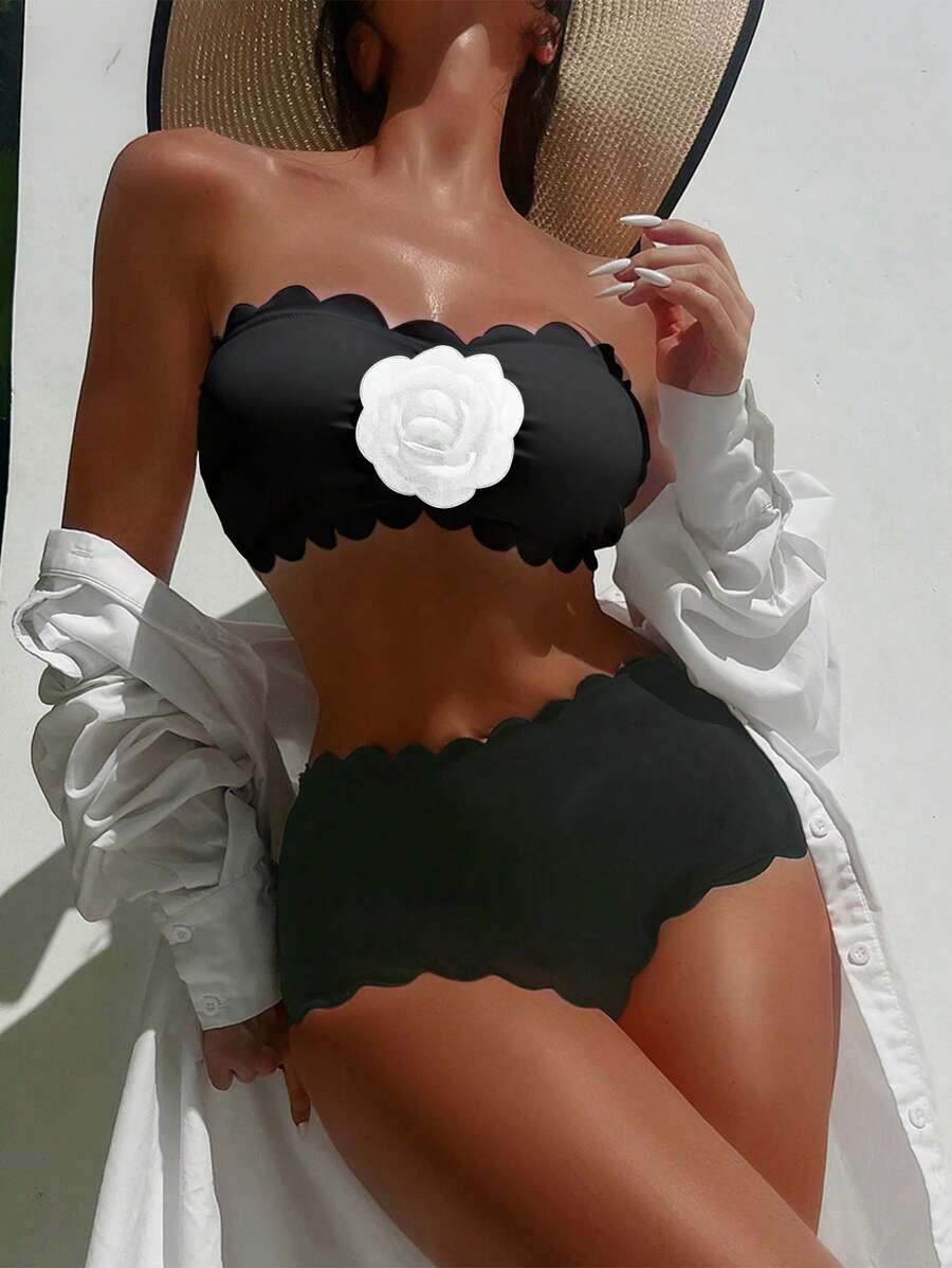 SHEIN Swim Bộ bikini 3D đi biển mùa hè trang trí hoa quây gợi cảm dành cho nữ - màu đen - Xem 1