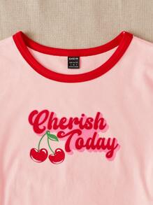 SHEIN EZwear 女士對比色針織t恤,印有信封和櫻桃圖案