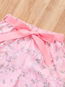 SHEIN Set de ținute cu top brodat și pantaloni scurți imprimați pentru fete adolescente