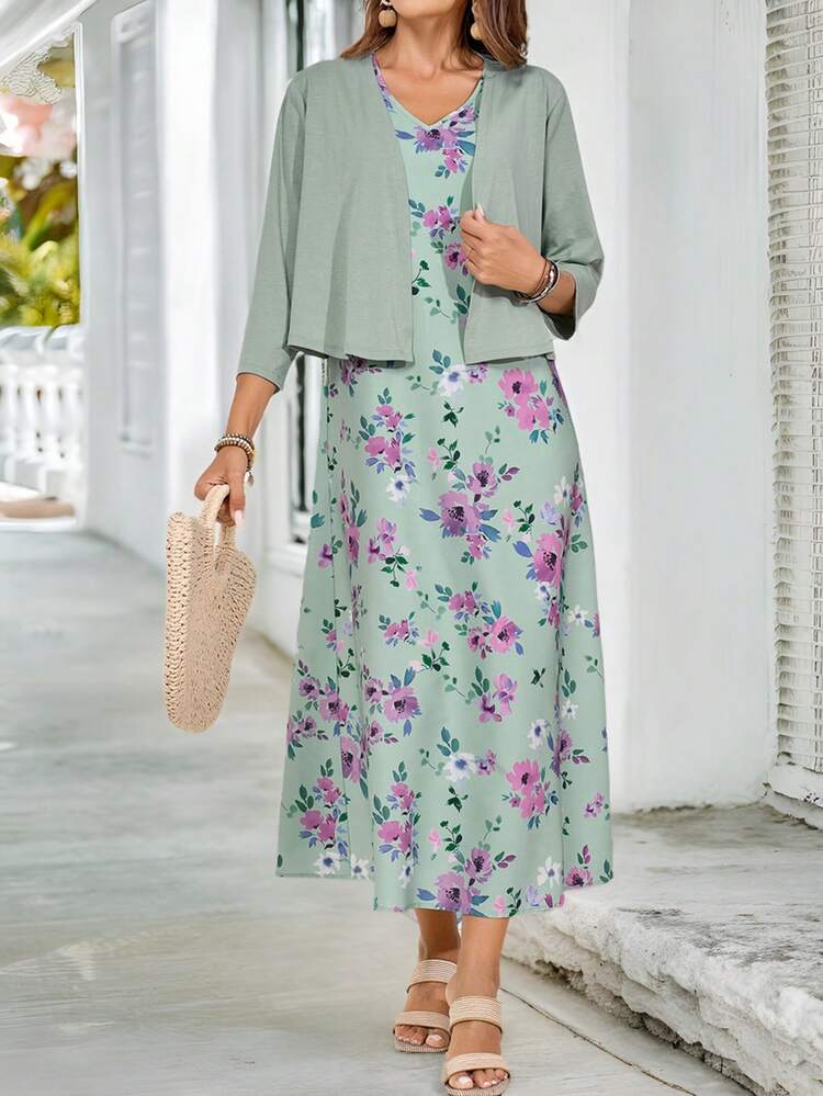 Teacher Clothes Spring Floral Dress Two-Piece Set For Women