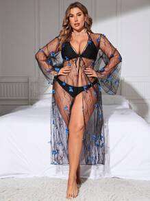 SHEIN Swim Curve 夏季大尺碼蝴蝶裝飾前綁式和服外套