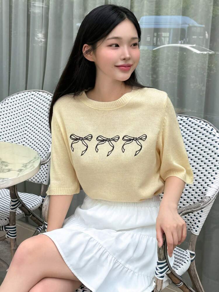 Bow Pattern Knit Top For Spring And Autumn,Ruffle