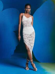 Alice McCall Designer Mesh Printed Spaghetti Strap Backless Dress, White, Summer Elegant Dress, Holiday, Party Outfit, Birthday Outfits, Festival, Wedding, Prom Dress - Multicolor - View 4