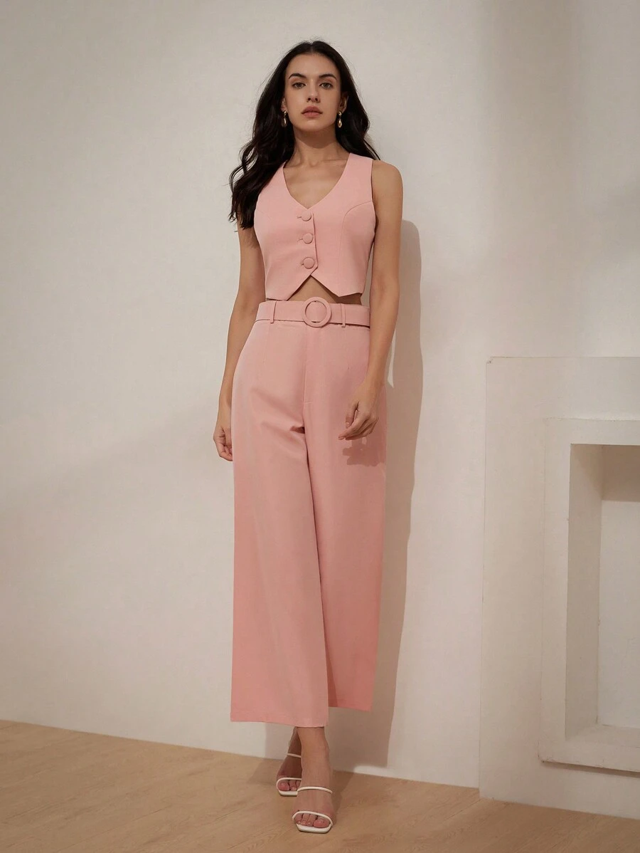 SHEIN BIZwear Chaleco rosa elegante para mujer de unicolor con cinturón ancho en la cintura, traje elegante para el estilo de oficina - Rosa - Ver 1