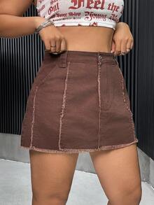 SHEIN ICON 大尺碼破洞拼接洗水牛仔迷你裙 - 咖啡棕 - 查看 6