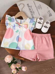 SHEIN 女婴圆点印花蝴蝶结前褶饰衬衫和短裤 - 彩色 - 查看 1