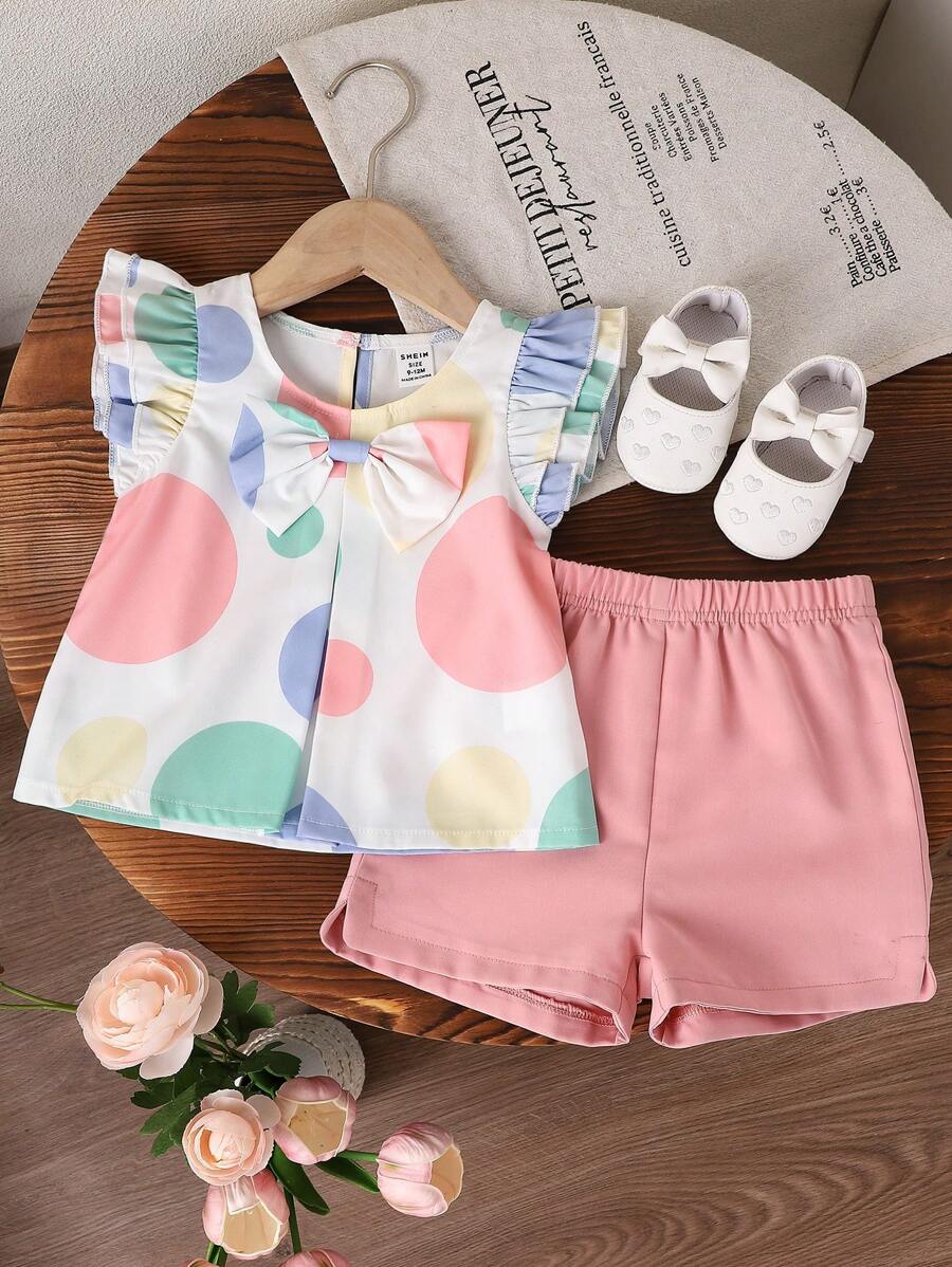 SHEIN 女婴圆点印花蝴蝶结前褶饰衬衫和短裤 - 彩色 - 查看 1