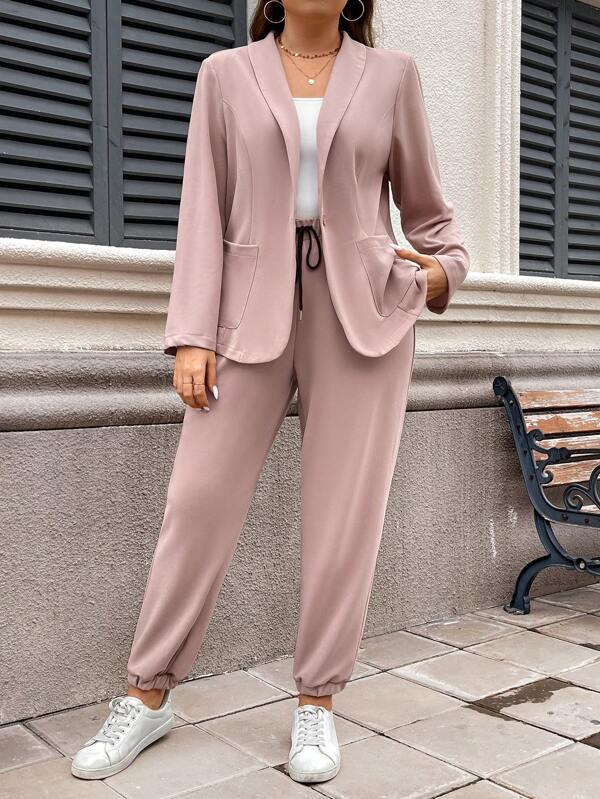 SHEIN LUNE Conjunto de ropa de mujer para otoño e invierno con blazer de cuello chal de frente abierto y pantalones con cordón en la cintura. Ropa de trabajo de mujer de negocios casuales, blazer de negocios