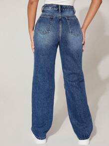 SHEIN PETITE High Waist Ripped Straight Leg Jeans For Dailywear