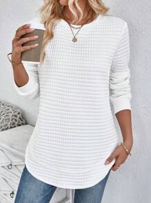 EMERY ROSE Autumn & Winter Round Neck White Casual Comfortable Shirt With Small Checkered Pattern, Curved Hemline And Side Slit Design,Long Sleeve Tops - White - View 1