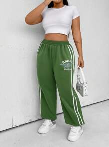 Flirla Plus Letter Graphic Contrast Tape Side Sweatpants - Green - View 4