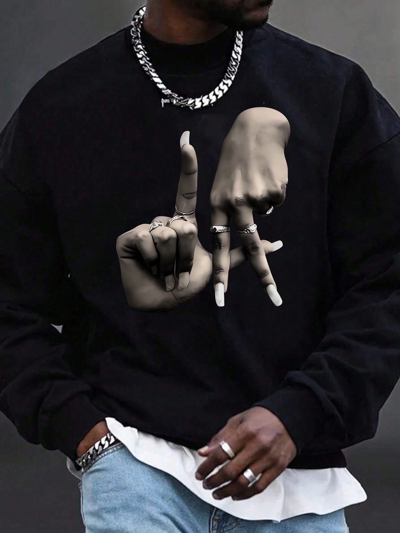 Manfinity Dauomo Men's Gesture Printed Loose Fit Pullover Sweatshirt, Spring & Autumn