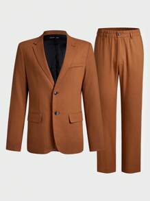 Manfinity VCAY Conjunto de 2 piezas de traje de negocios tejido de manga larga para hombre, chaleco largo y pantalones ajustados, adecuado para primavera y otoño