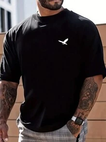 Men's Plus Size Summer Eagle Print Crew Neck Short Sleeve Casual T-Shirt - Black - View 2