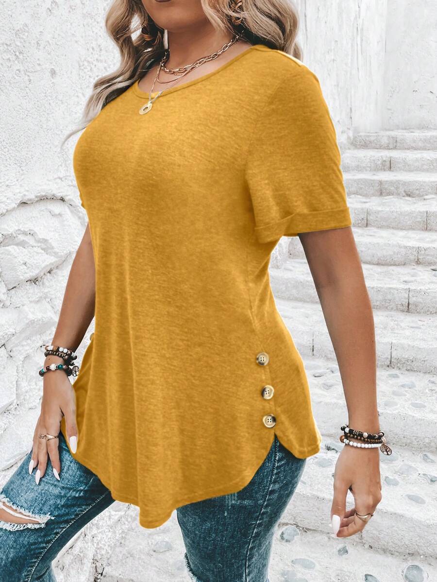 SHEIN Clasi 大尺碼女裝夏季純色短袖圓領紐扣裝飾休閒T恤 - 黃色 - 查看 1
