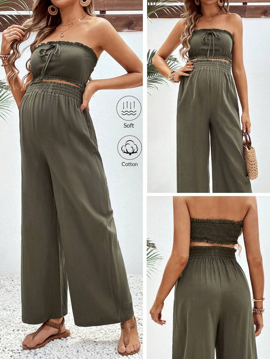 SHEIN Pregnant Women's Solid Color Ruffled Strapless Top And Elastic High-Waisted Long Pants, Summer Casual 2pcs/Set For Maternity