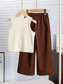 2pcs Young Girl Casual Set, Top & Wide Leg Pants Brown Young Girls Setspants And Top Set - Apricot - View 2