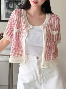 DAZY Plaid Pattern Dual Pocket Cardigan - Pink - View 6